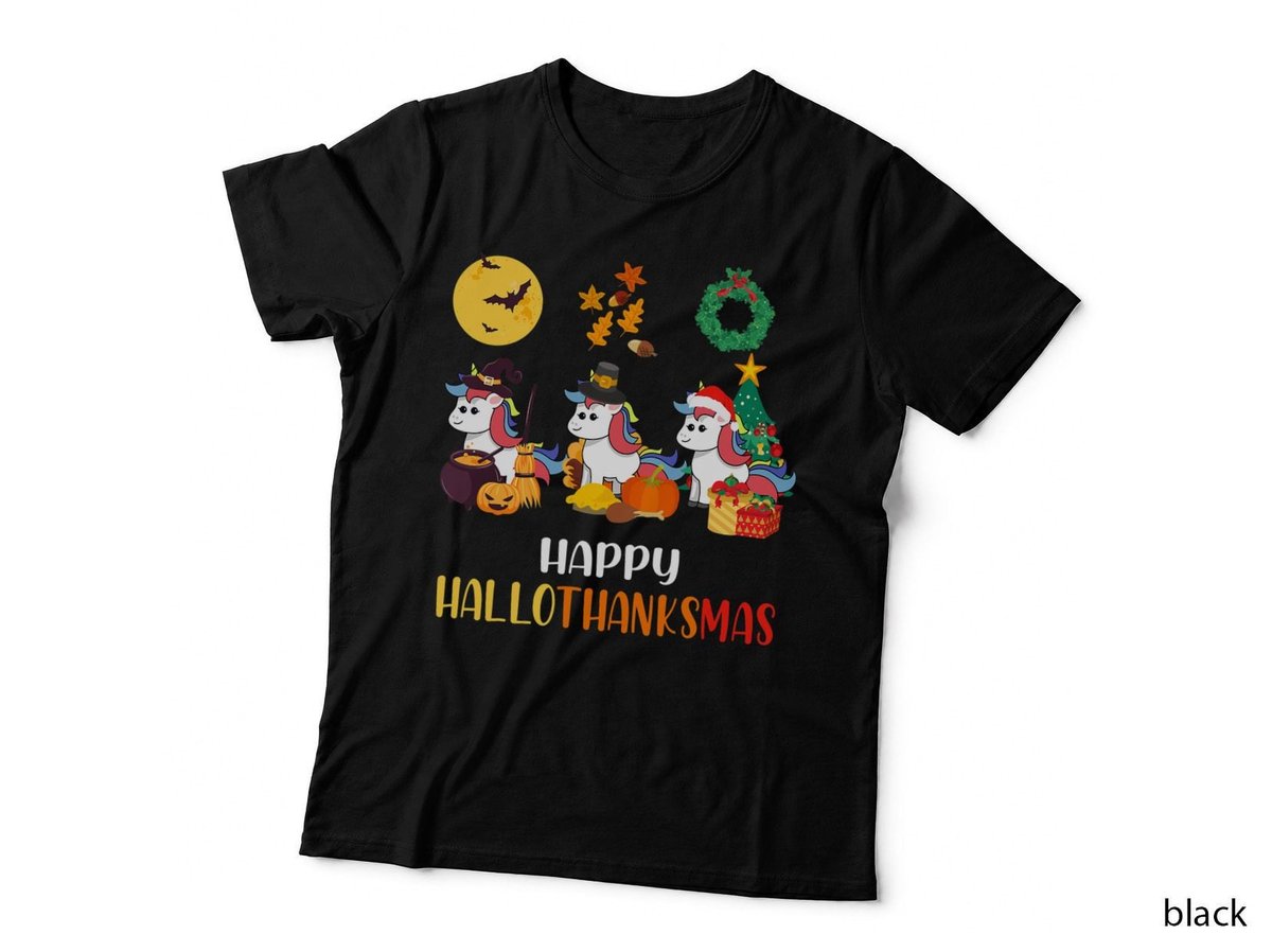 Unicorn Halloween and Merry Christmas Happy Hallothanksmas T-Shirt