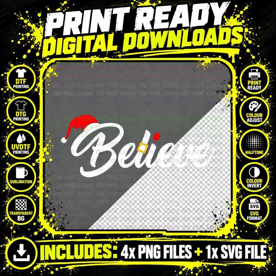Believe Merry Christmas Santa Hat T-Shirt Png SVG Digital Bundle
