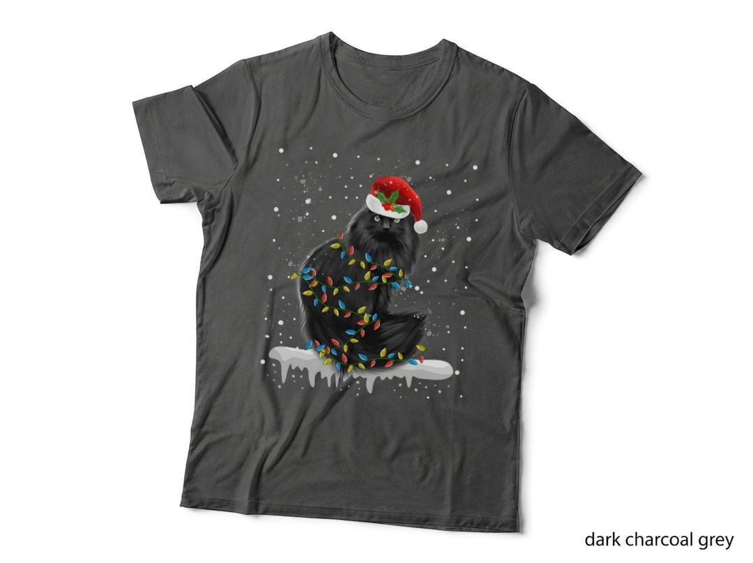 Black Cat in Christmas Lights T-Shirt, Festive Holiday Print