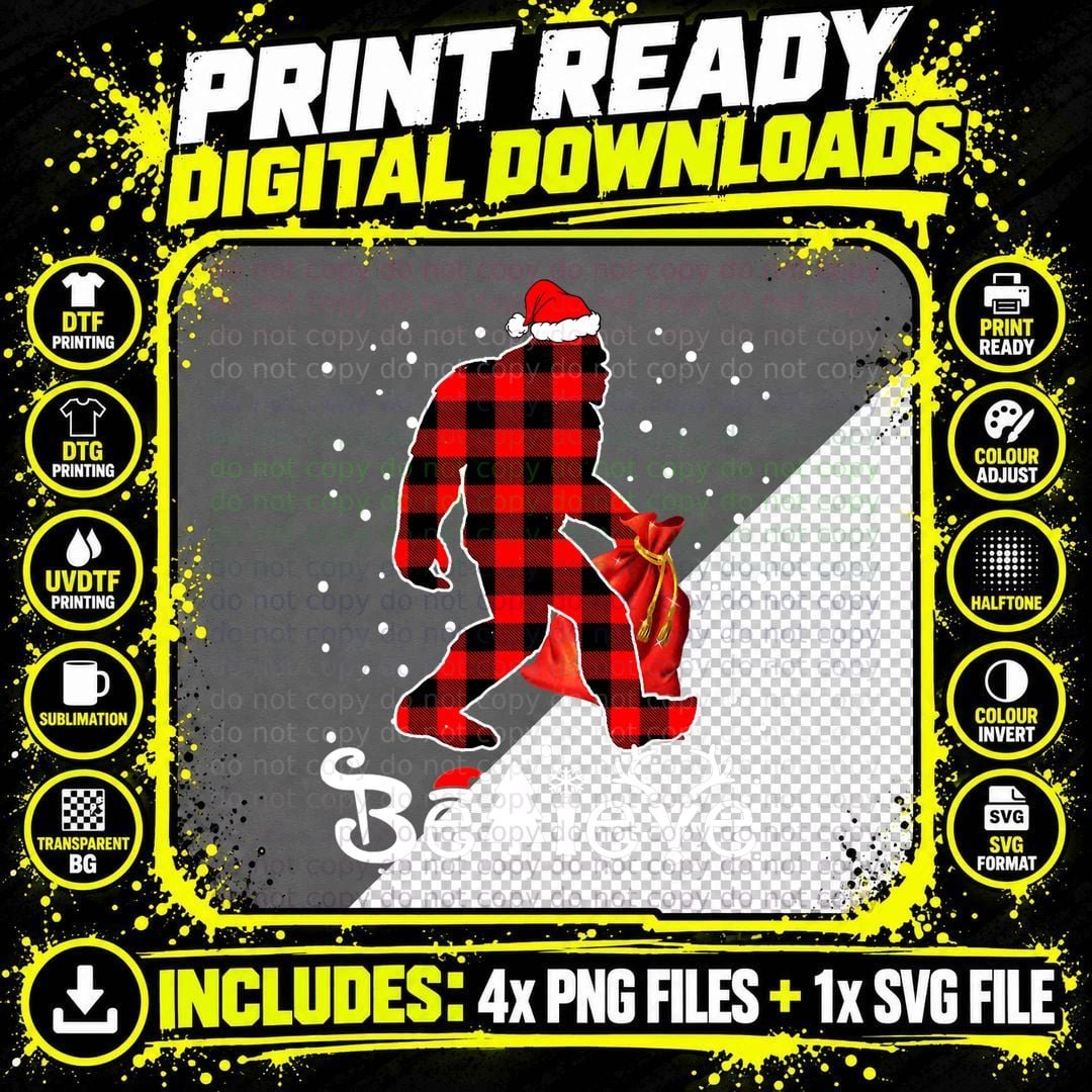 Buffalo Plaid Bigfoot Santa Hat T-Shirt Png SVG Digital Bundle