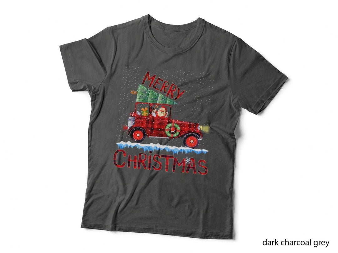 Buffalo Plaid Vintage Car with Santa T-Shirt, Christmas Holiday Style