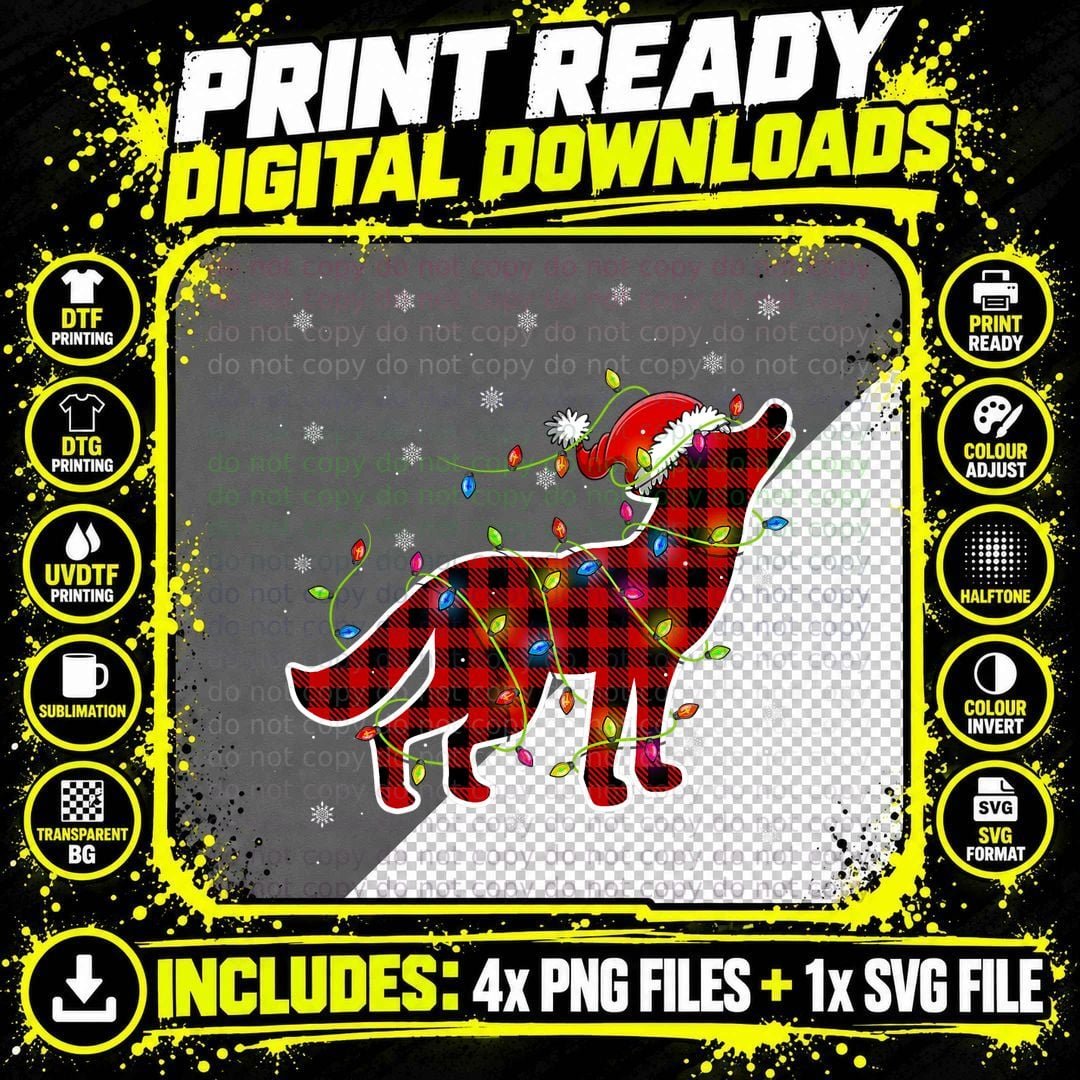 Buffalo Plaid Wolf Santa Christmas T-Shirt Png SVG Digital Bundle