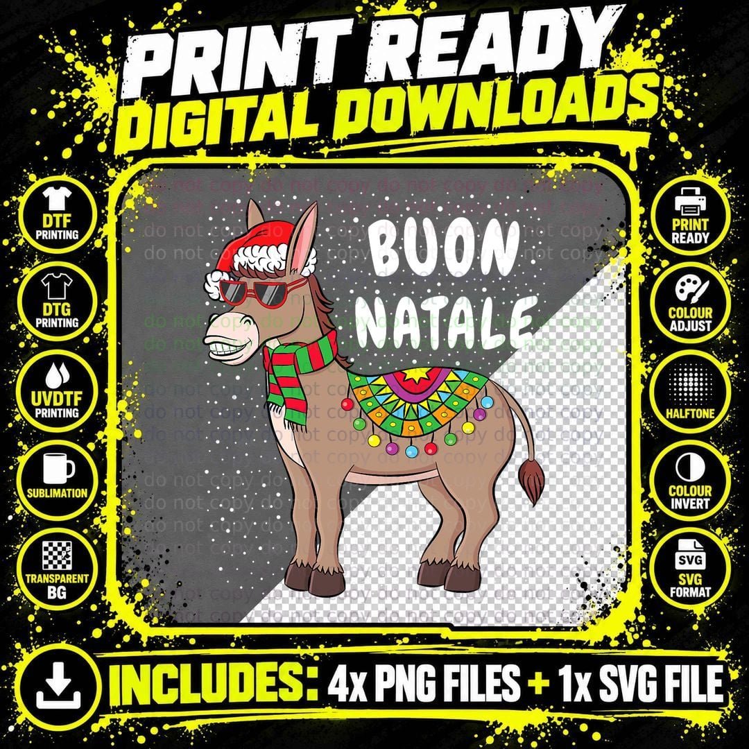 Buon Natale Donkey T-Shirt, Christmas Holiday Print Png SVG Digital Bundle