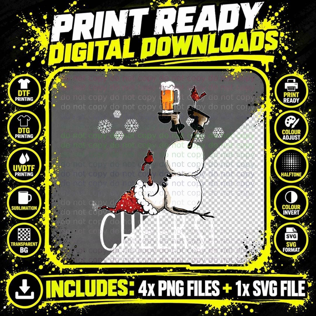 Cheers Snowman Beer and Wine Christmas T-Shirt Png SVG Digital Bundle