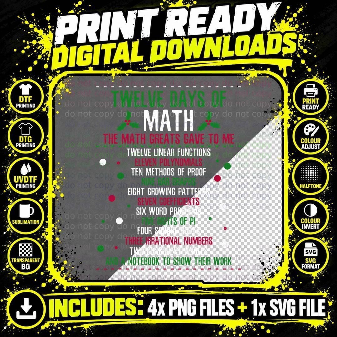 Christmas 12 Days of Math T-Shirt, Holiday Math Geek Png SVG Digital Bundle