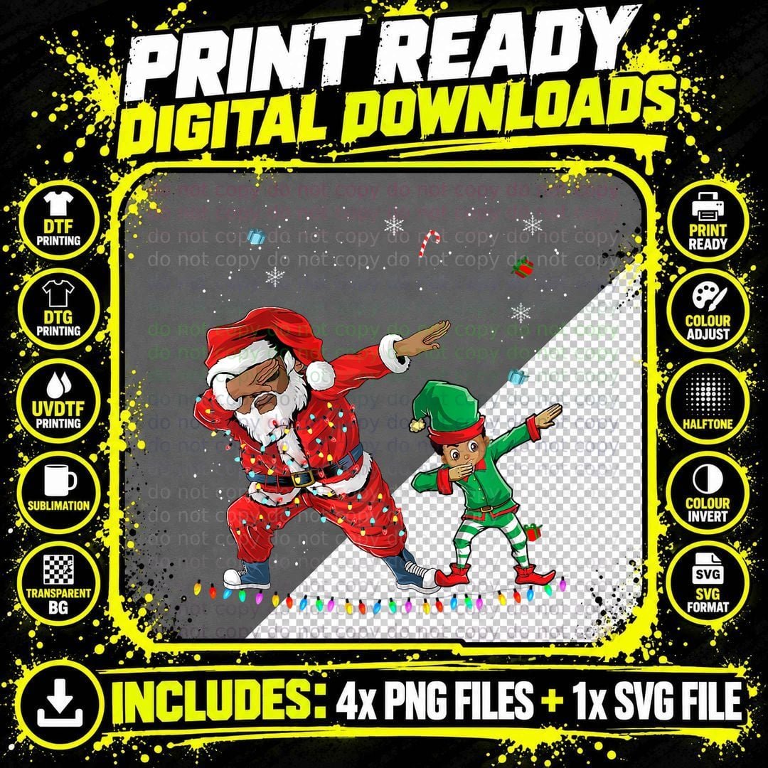 Christmas Black African American Dabbing Santa Claus Elf Png SVG Digital Bundle