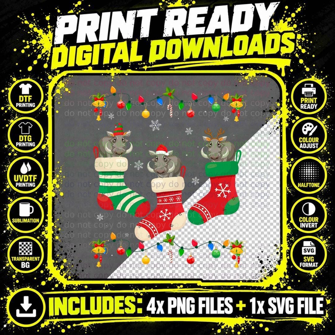 Christmas Boar in Socks T-Shirt, Festive Animal Print Png SVG Digital Bundle