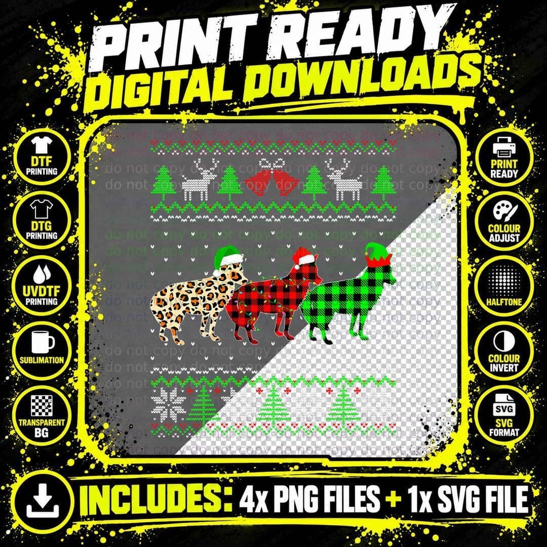 Christmas Coyote Santa Elf Plaid Holiday Costume T-Shirt Png SVG Digital Bundle