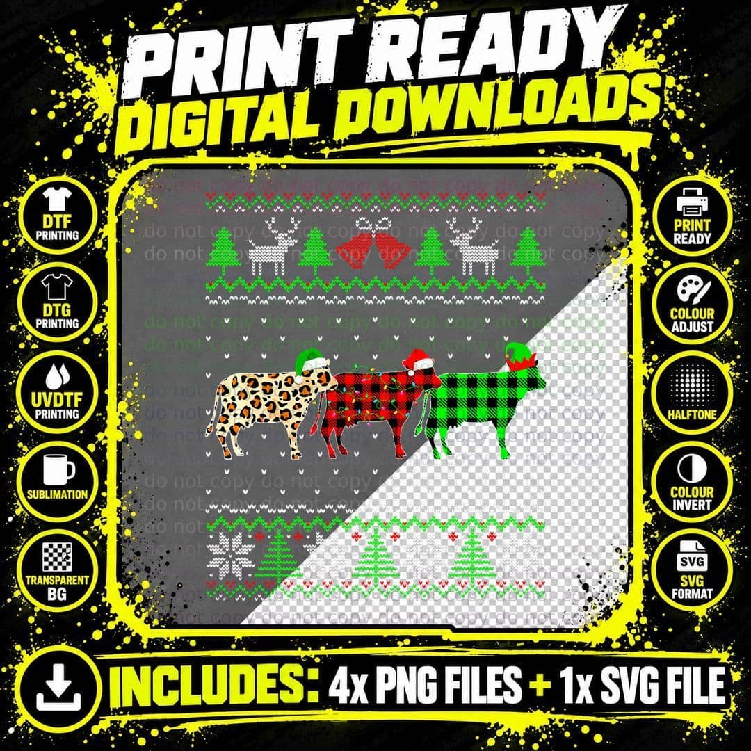 Christmas Dairy Cow Lover Santa Elf Xmas Leopard Plaid Png SVG Digital Bundle
