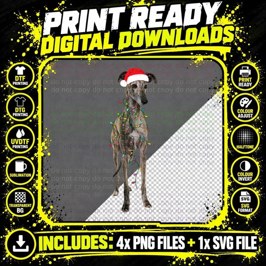 Christmas Greyhound Santa Hat T-Shirt Png SVG Digital Bundle