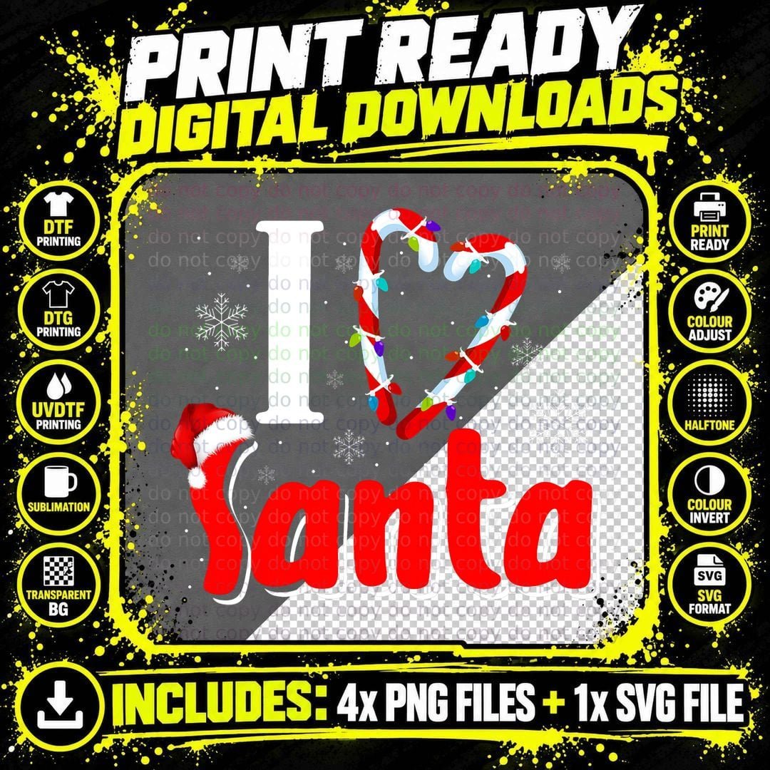 Christmas I Love Santa Candy Cane Heart T-Shirt Png SVG Digital Bundle