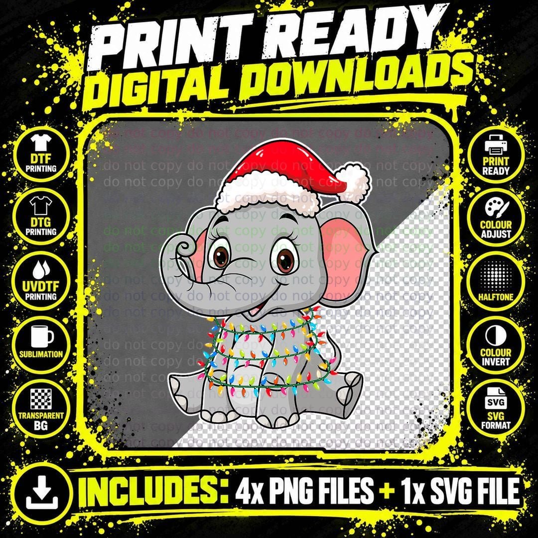 Christmas Lights Elephant Wearing Xmas Hat T-Shirt Png SVG Digital Bundle