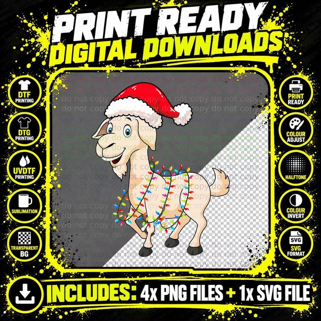 Christmas Lights Goat Wearing Xmas Hat T-Shirt Png SVG Digital Bundle