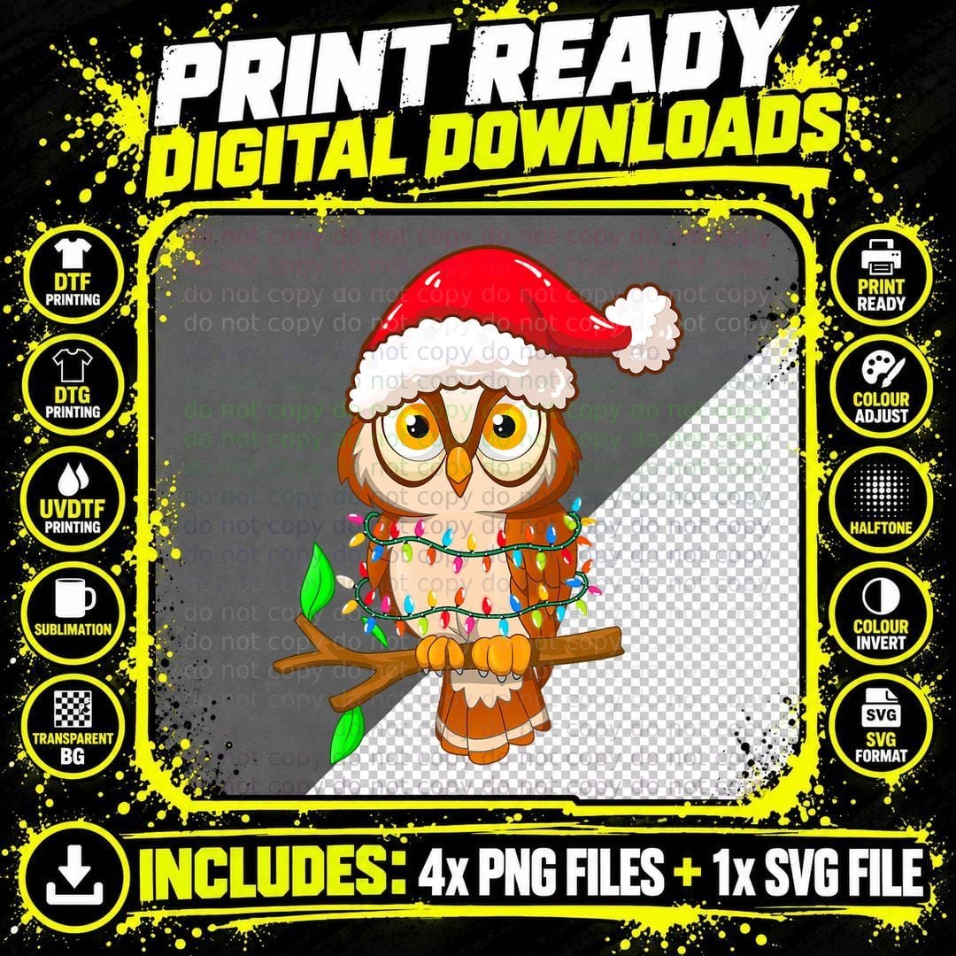 Christmas Lights Owl Wearing Xmas Hat T-Shirt Png SVG Digital Bundle