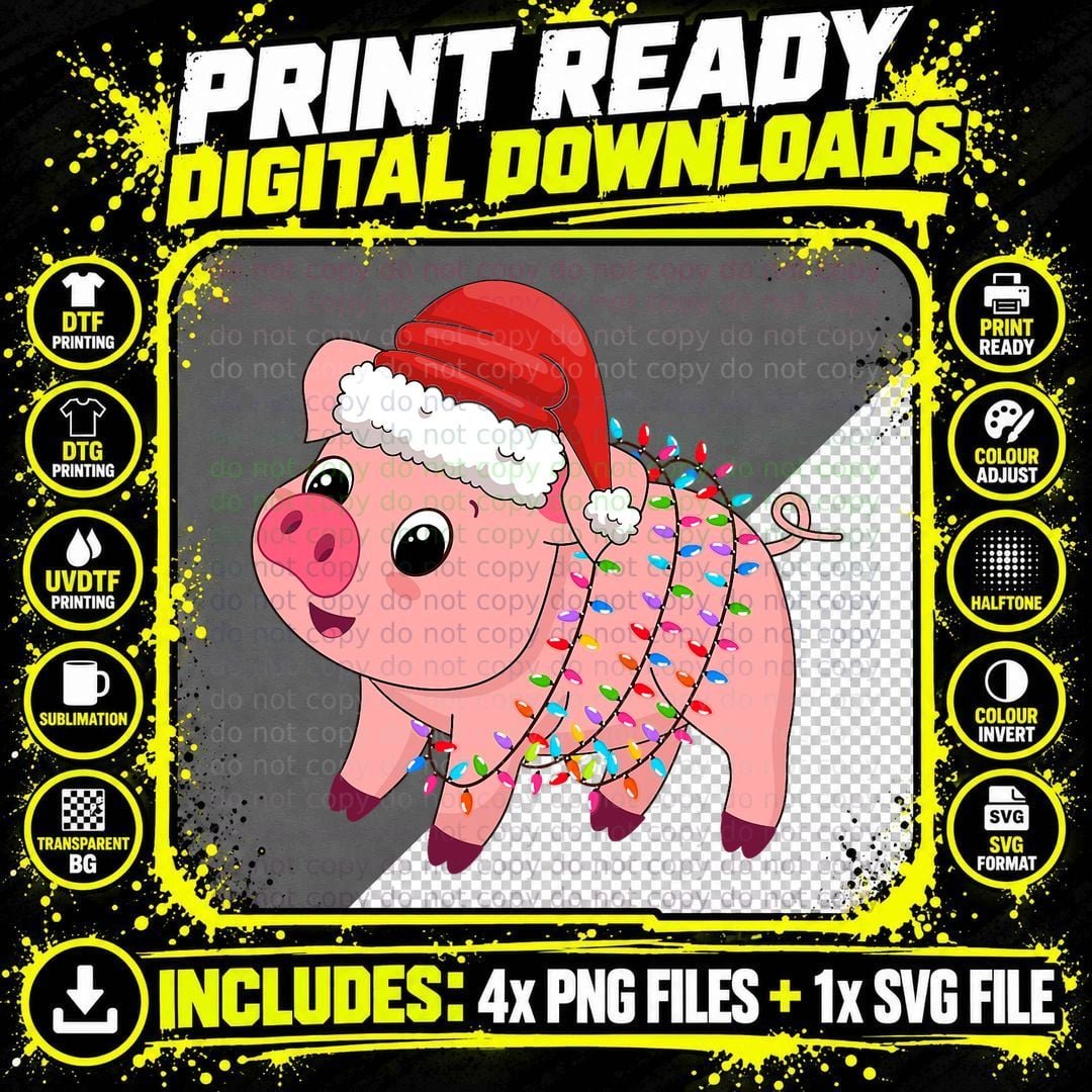 Christmas Lights Pig Wearing Xmas Hat T-Shirt Png SVG Digital Bundle