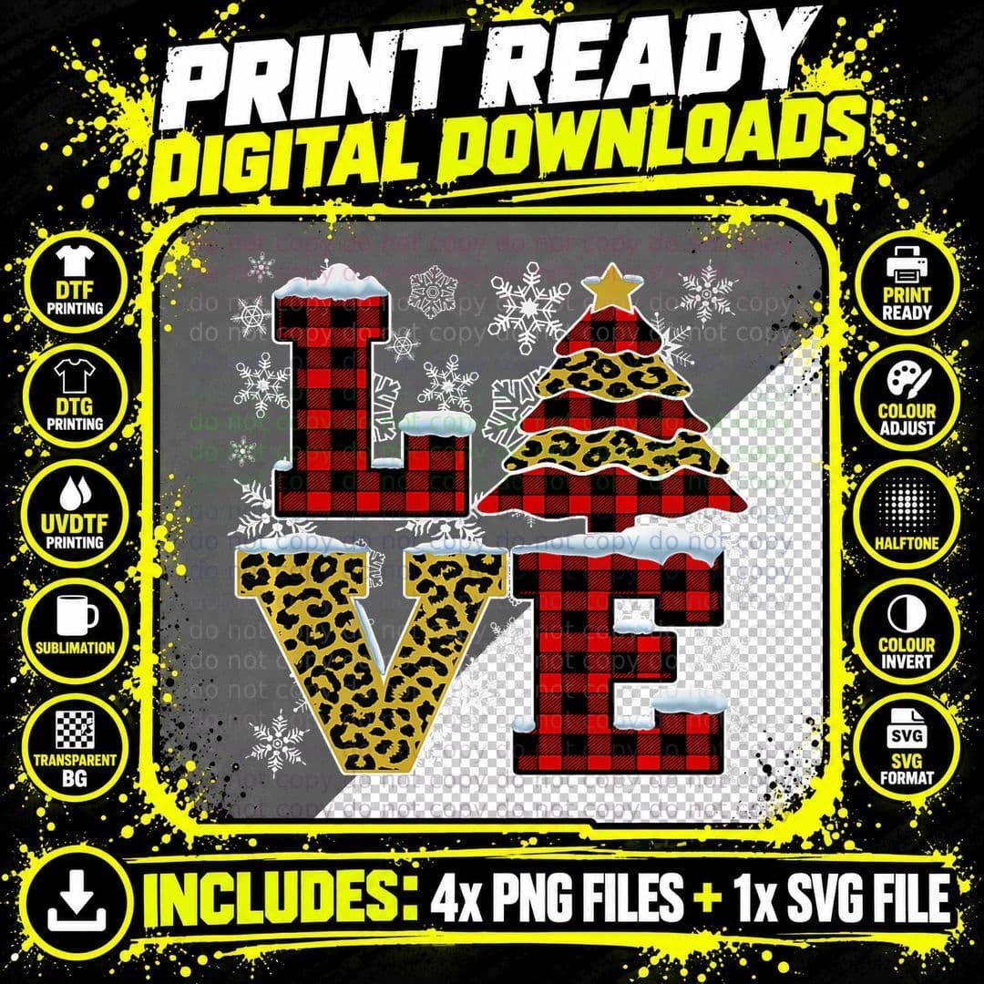 Christmas Love Leopard Print Plaid T-Shirt Png SVG Digital Bundle