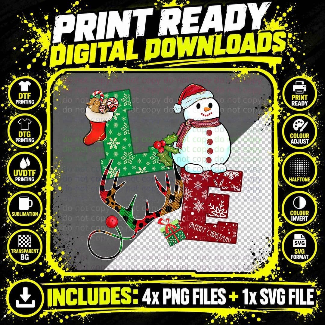 Christmas Love Snowman Deer Horns Sock Holiday Apparel Png SVG Digital Bundle
