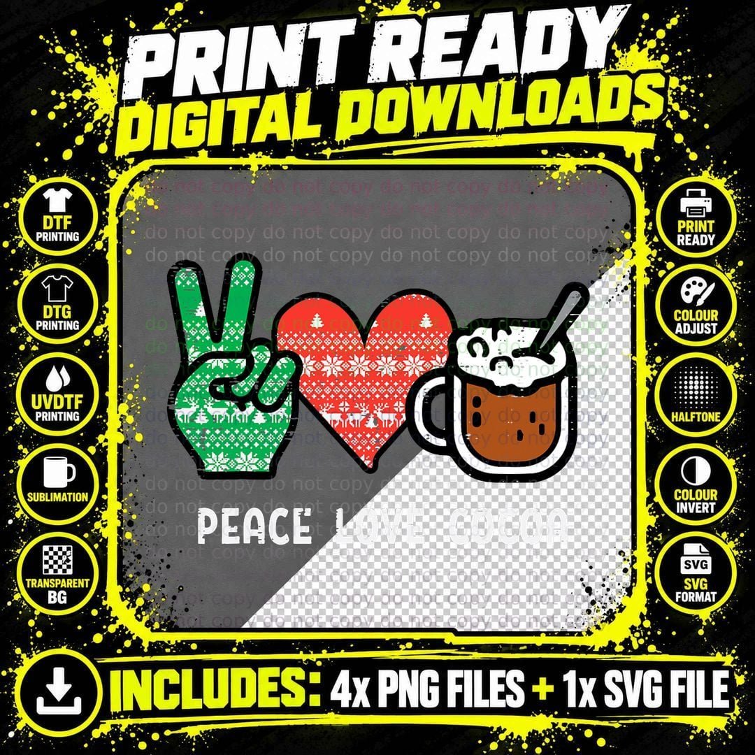 Christmas Peace Love Cocoa T-Shirt, Holiday Xmas Print Png SVG Digital Bundle
