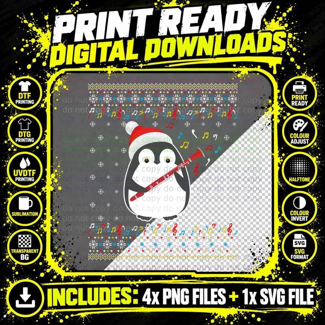 Christmas Penguin Clarinet Player Sweatshirt Png SVG Digital Bundle