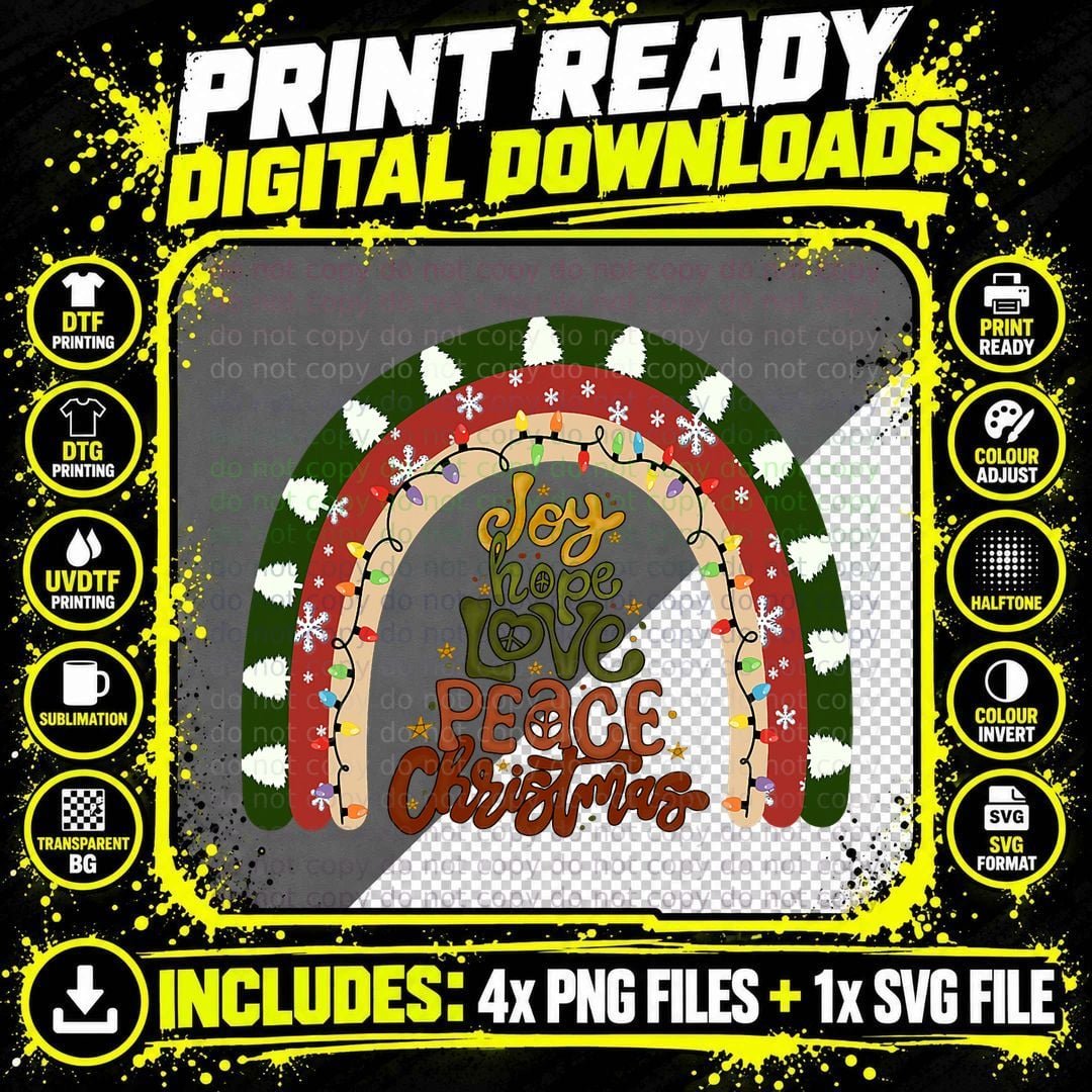 Christmas Rainbow Joy Hope Love Peace T-Shirt Png SVG Digital Bundle