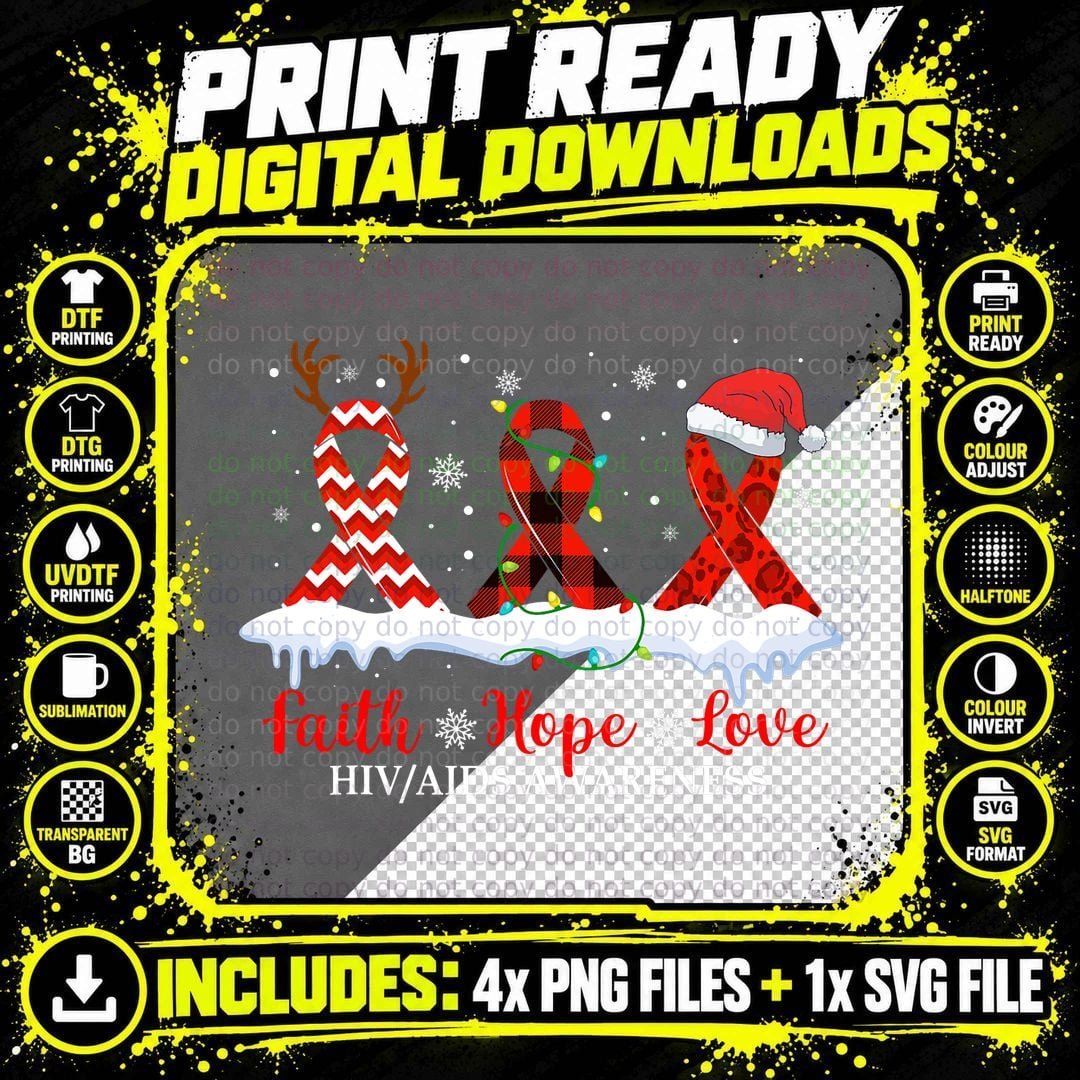 Christmas Ribbon Faith Hope Love HIV AIDS Awareness Png SVG Digital Bundle