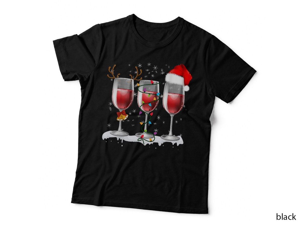 Christmas Wine Glasses Santa Hat T-Shirt, Festive Holiday Theme