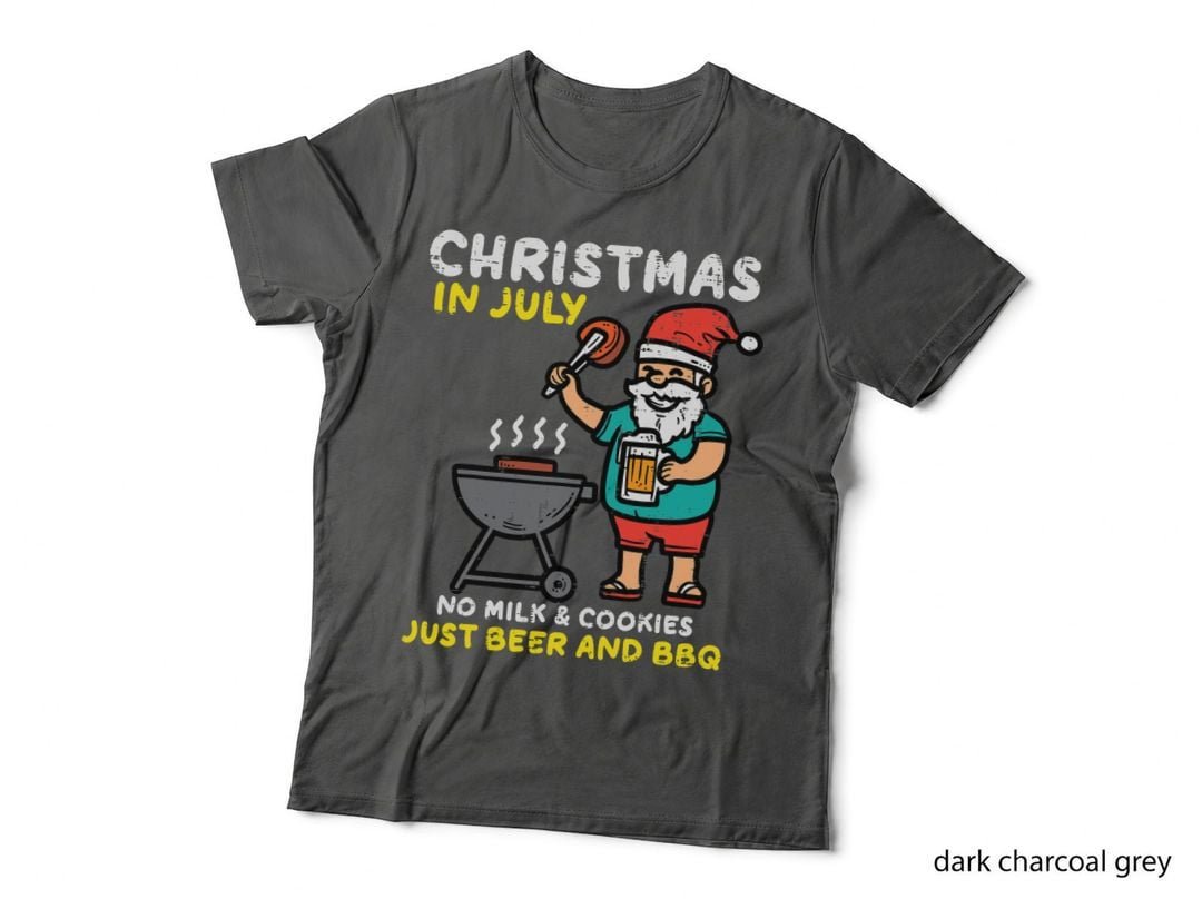 Christmas in July Santa BBQ T-Shirt, Funny Holiday Parody, Men's Novelty Tee