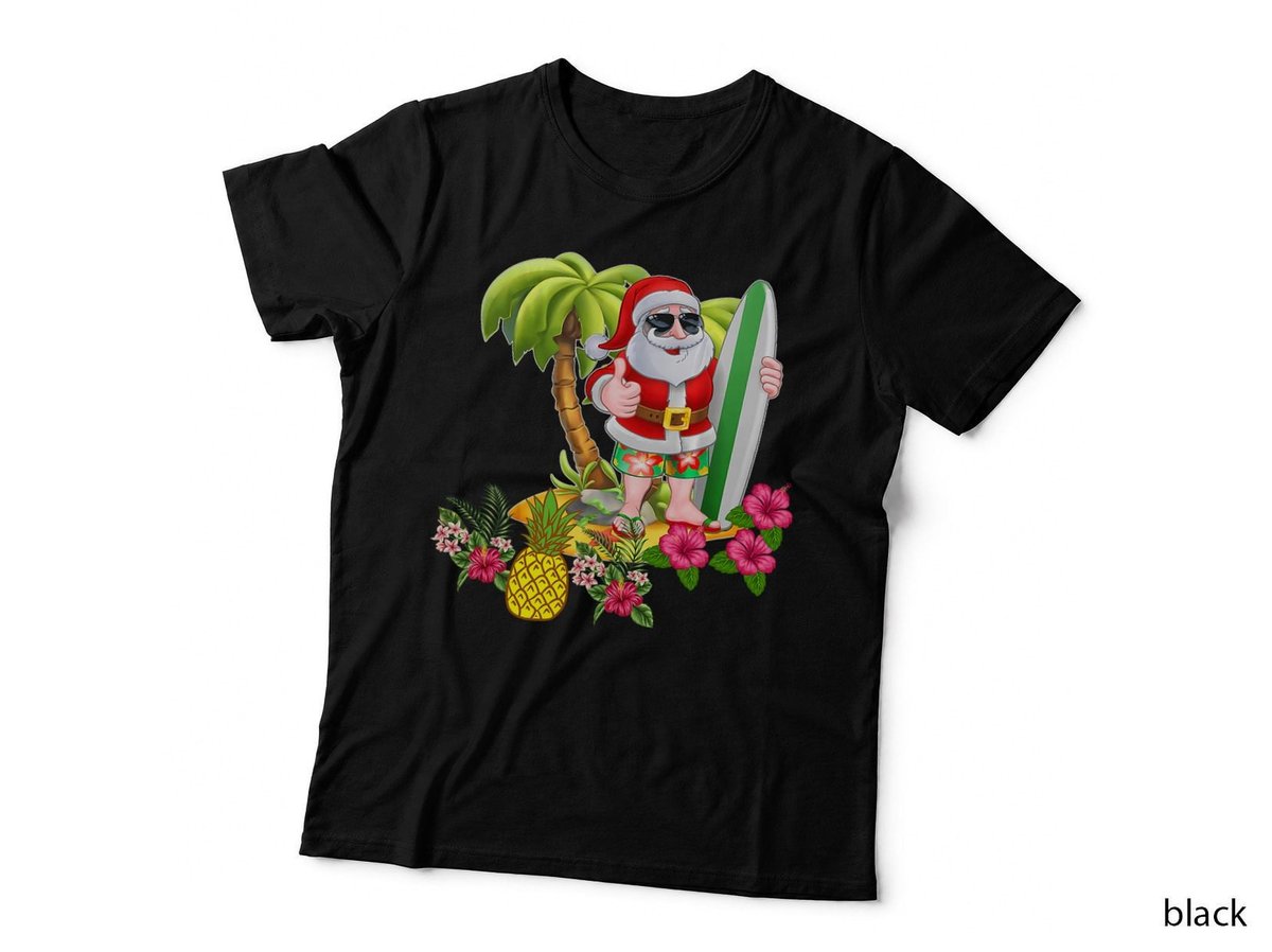 Christmas in July Santa Hawaiian Surfing T-Shirt, Tropical Summer Vibes
