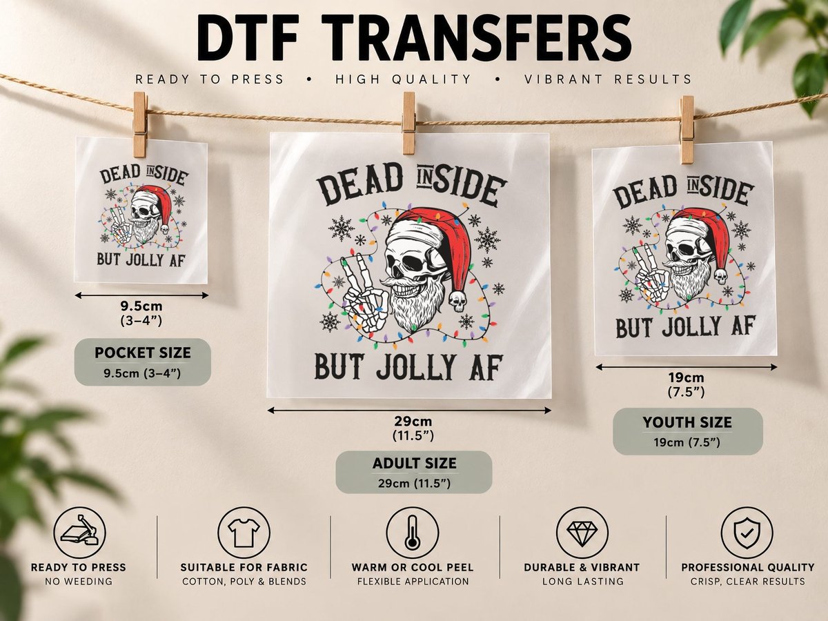 Funny Christmas Skull, Dead Inside but Jolly AF DTF Transfer Iron On