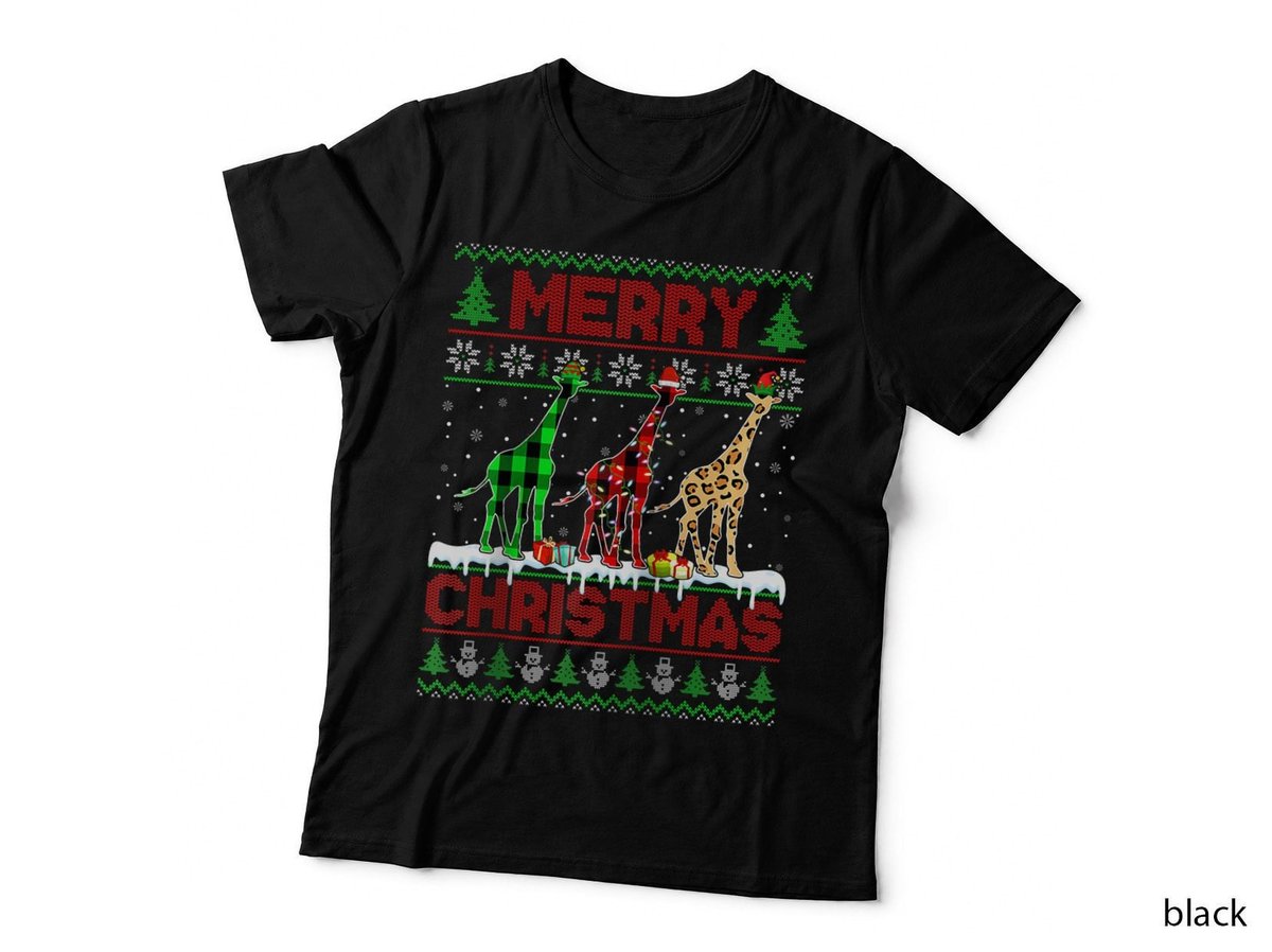 Giraffe Xmas Leopard Plaid Elf Santa Hat Christmas Family Holiday T-Shirt