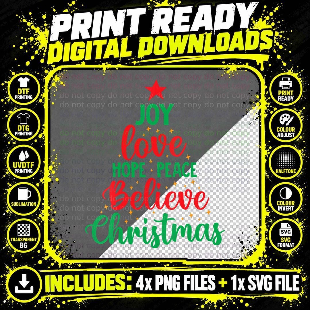 Joy Love Hope Peace Believe Christmas T-Shirt Png SVG Digital Bundle