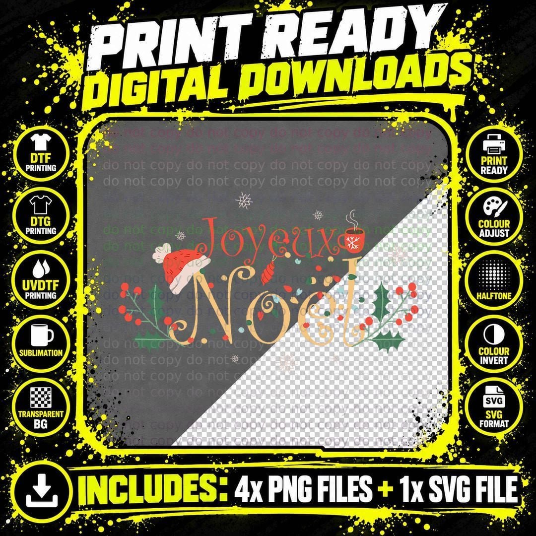 Joyeux Noel Santa Hat Coffee Tea T-Shirt Png SVG Digital Bundle