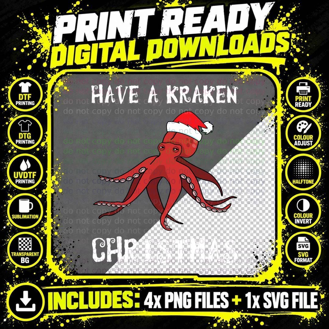 Kraken Christmas T-Shirt, Funny Octopus Santa Hat Png SVG Digital Bundle