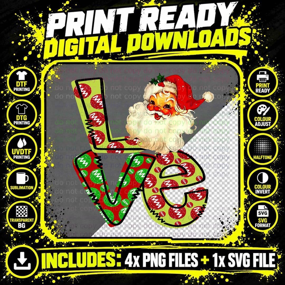 Love Santa Merry Christmas T-Shirt, Vintage Retro Png SVG Digital Bundle
