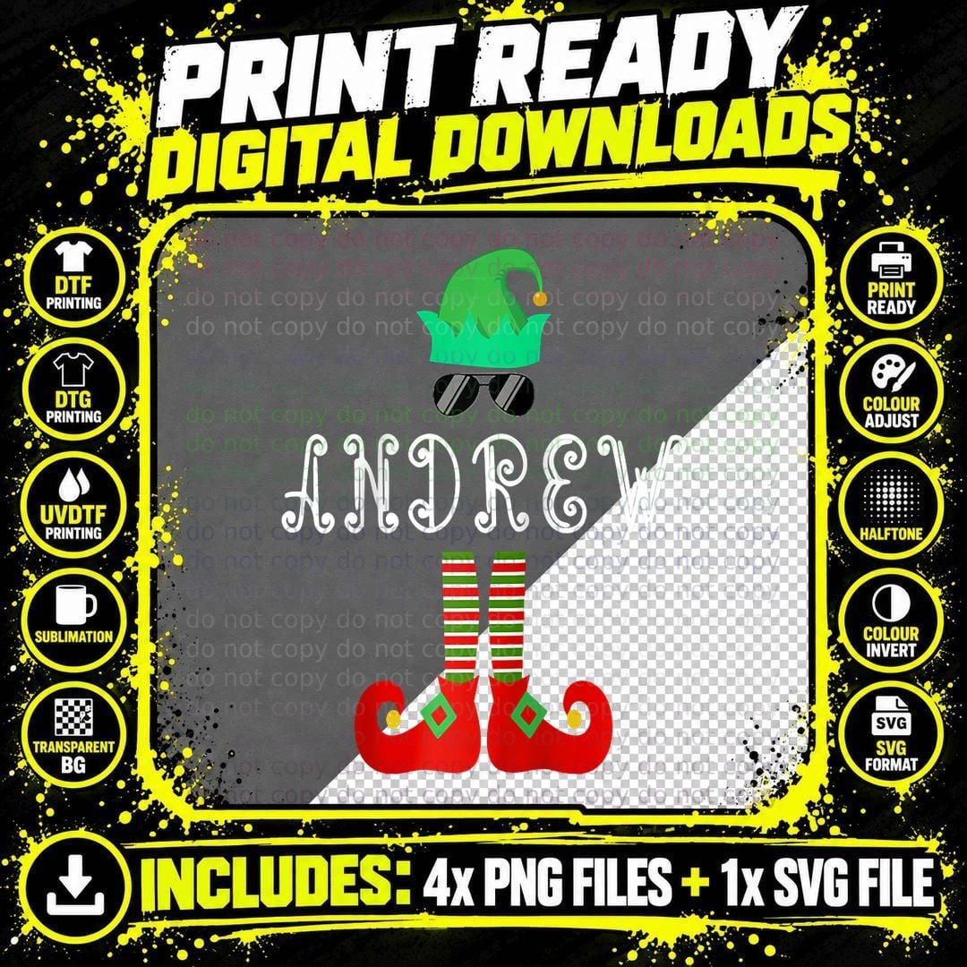 Matching Family Christmas Andrew Name Elf Family Holiday Png SVG Digital Bundle