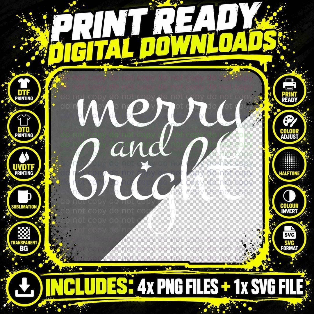 Merry & Bright Christmas T-Shirt, Casual Xmas Print Png SVG Digital Bundle