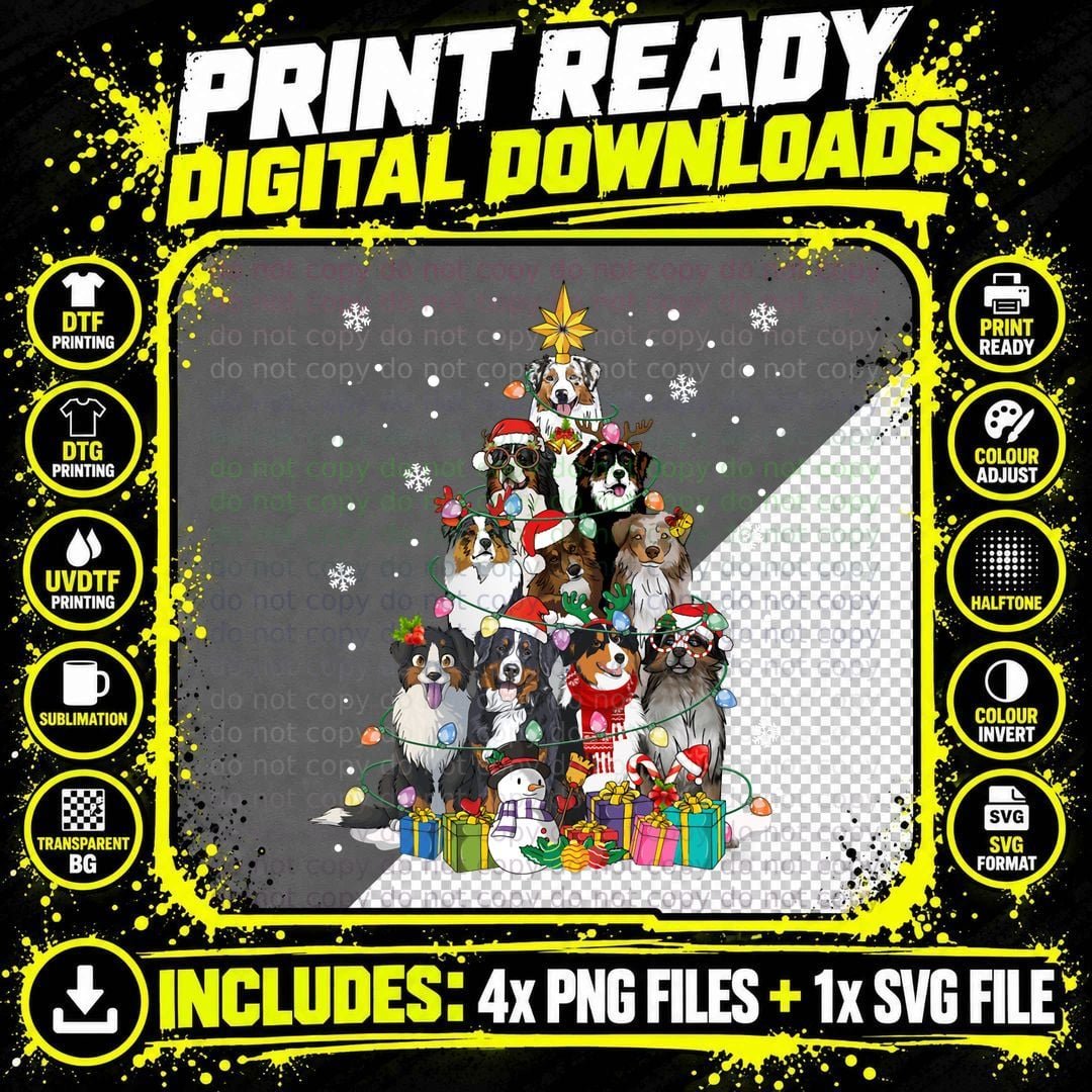 Merry Australian Shepherd Christmas Tree Sweatshirt Png SVG Digital Bundle