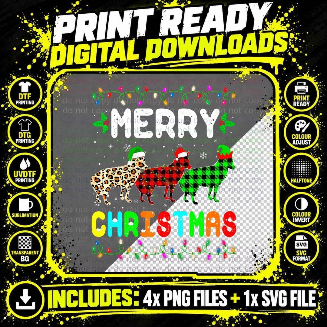 Merry Christmas Coyote Santa Elf Xmas Leopard Plaid Png SVG Digital Bundle