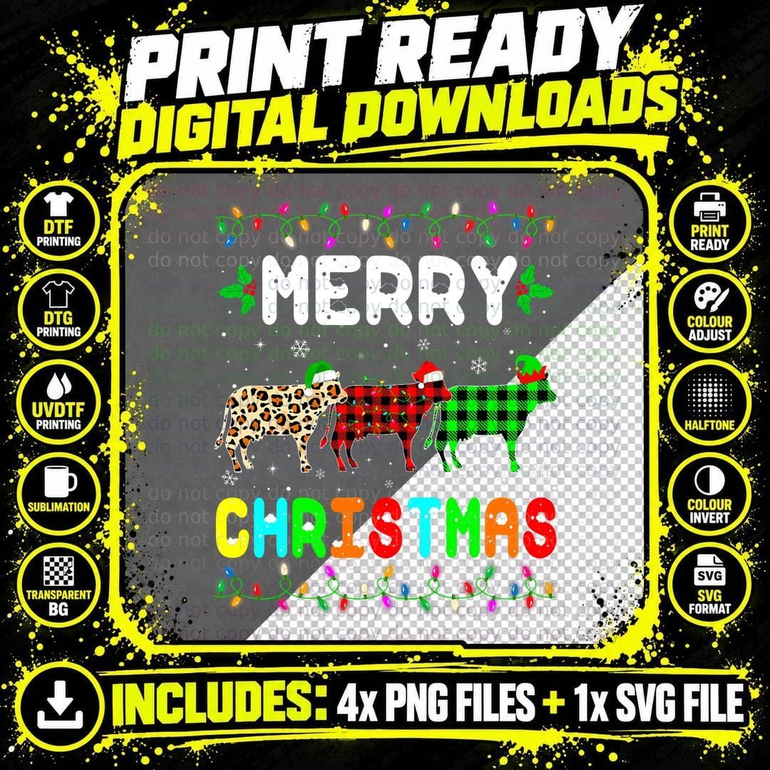Merry Christmas Dairy Cow Santa Elf T-Shirt Png SVG Digital Bundle