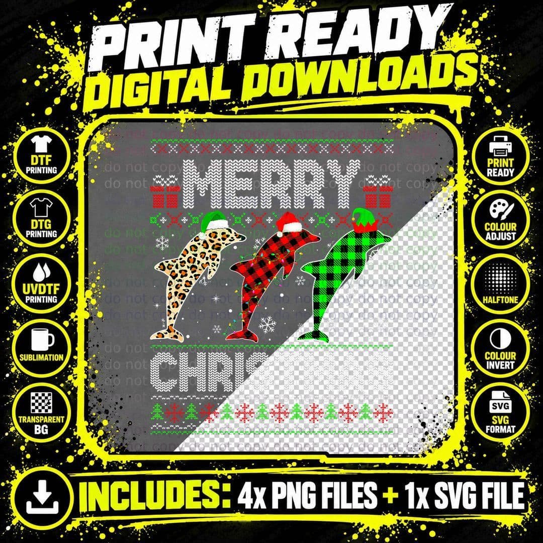 Merry Christmas Dolphin Xmas Leopard Plaid Santa Elf Png SVG Digital Bundle