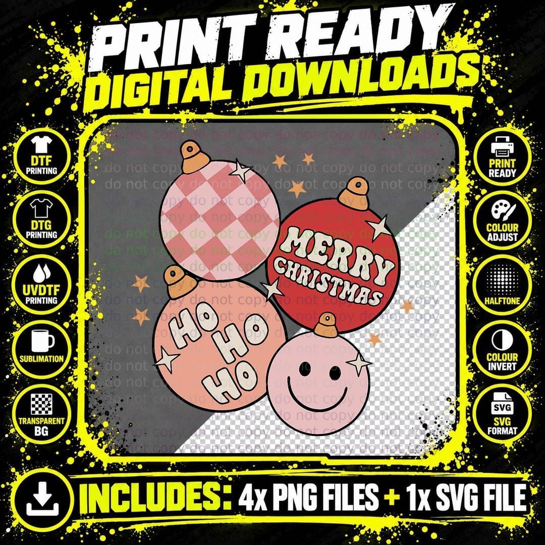 Merry Christmas Groovy Retro Xmas Bauble T-Shirt Png SVG Digital Bundle