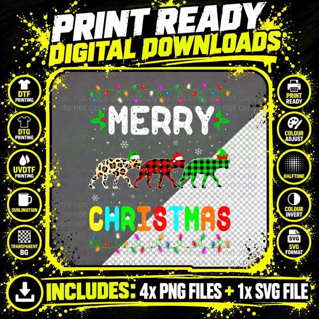 Merry Christmas Hyena Santa Elf Xmas Leopard Plaid Png SVG Digital Bundle
