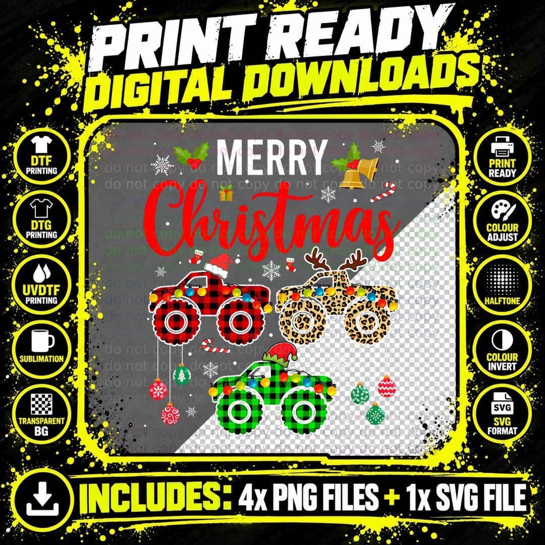 Merry Christmas Monster Trucks T-Shirt Png SVG Digital Bundle