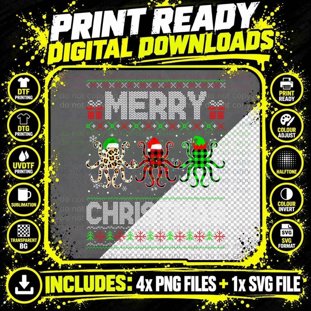 Merry Christmas Octopus T-Shirt, Festive Holiday Print Png SVG Digital Bundle