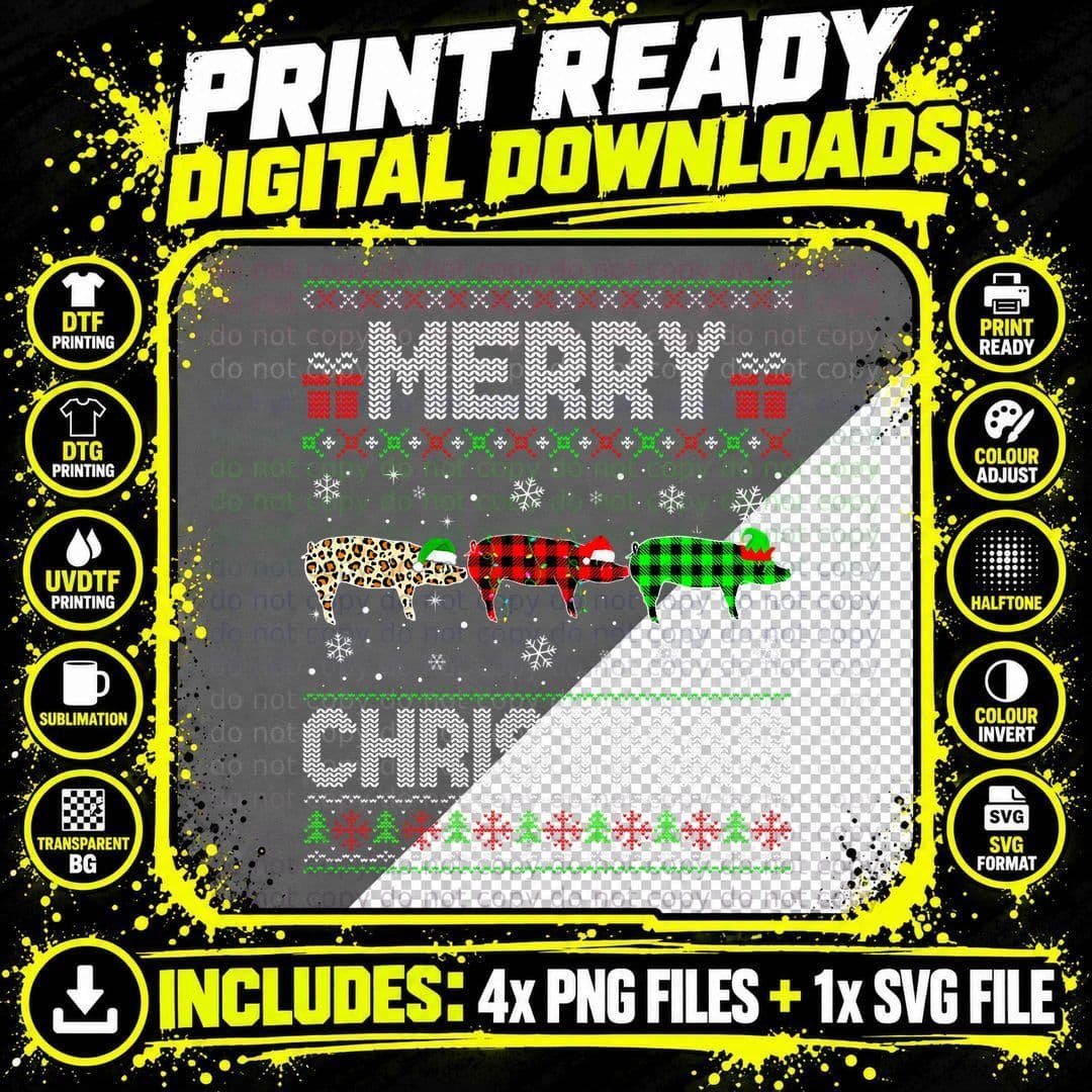Merry Christmas Pig Xmas Leopard Plaid Santa Elf Family Png SVG Digital Bundle