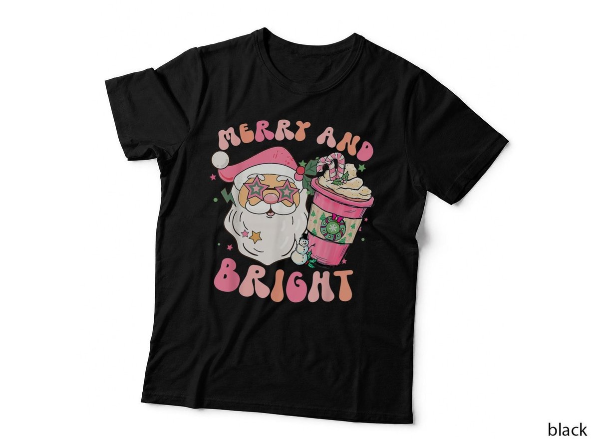 Merry Christmas Santa T-Shirt, Groovy Merry and Bright Pink