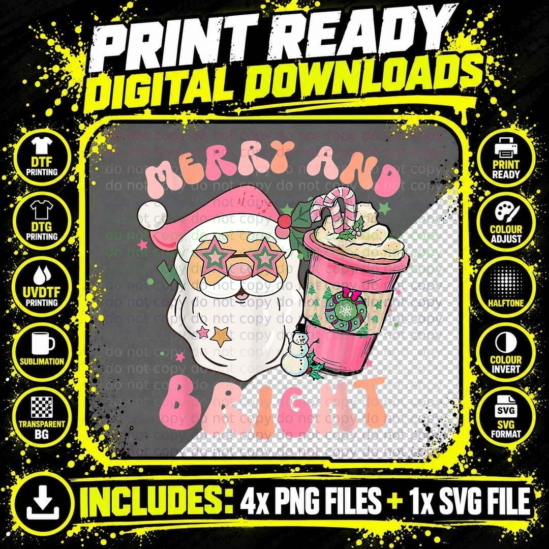 Merry Christmas Santa T-Shirt, Groovy Merry and Bright Png SVG Digital Bundle