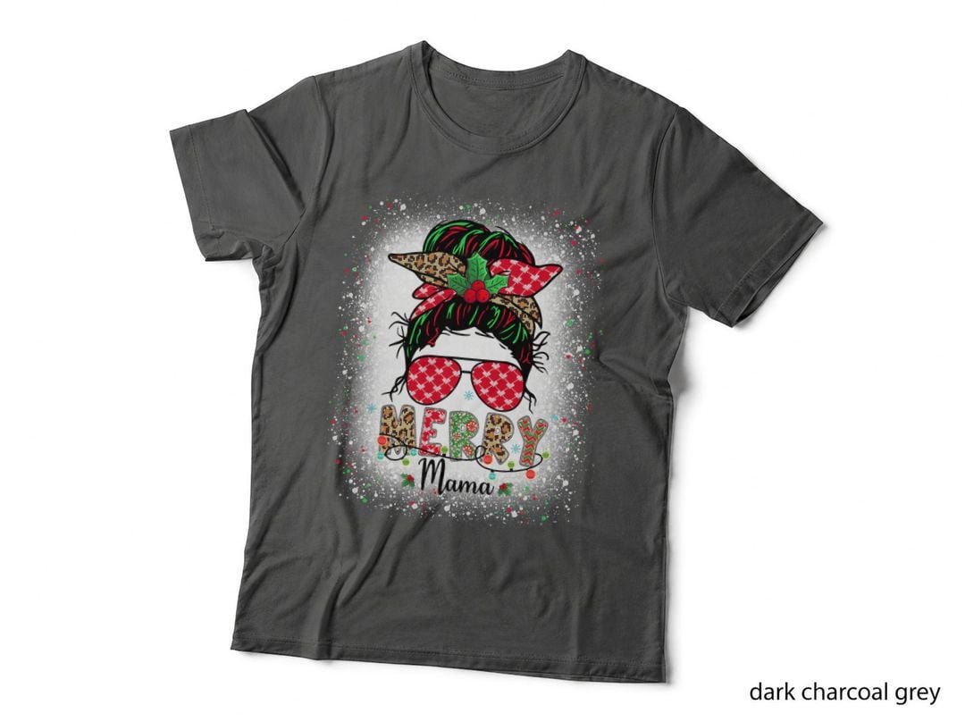 Merry Mama Christmas Mom Life Messy Bun Plaid Leopard T-Shirt