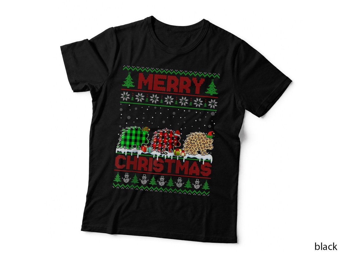 Porcupine Xmas Leopard Plaid Elf Santa Hat Christmas T-Shirt
