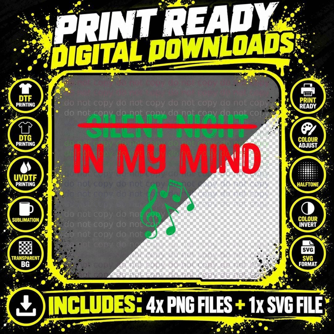 Silent Night in My Mind Music Christmas Graphic Tee Png SVG Digital Bundle